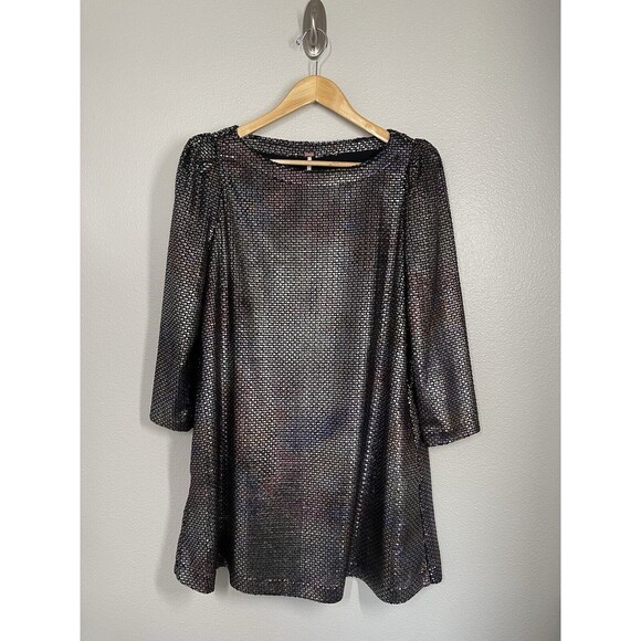 Free People Diamonds Are Forever Irridescent Metallic Puff Sleeve Mini Dress S - Picture 4 of 15